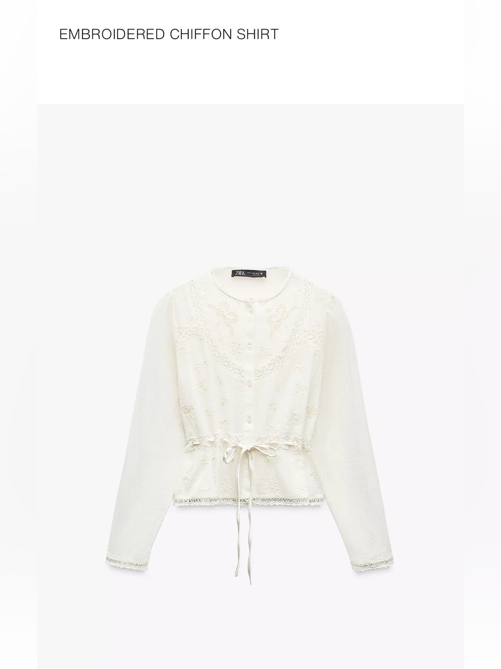 Zara White Embroidered Chiffon Semi-Sheer Button-Front Women's Blouse Size XL.